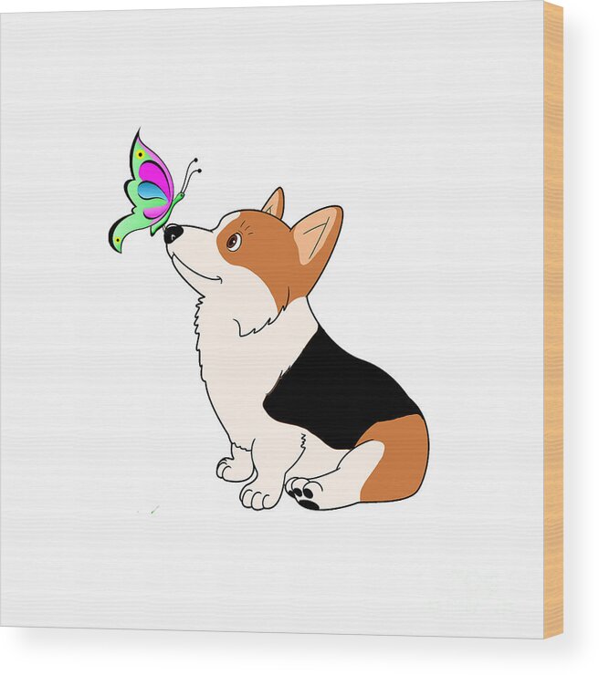 Welsh Corgi Wood Print featuring the digital art Tricolor Corgi with Butterfly by Kathy Kelly