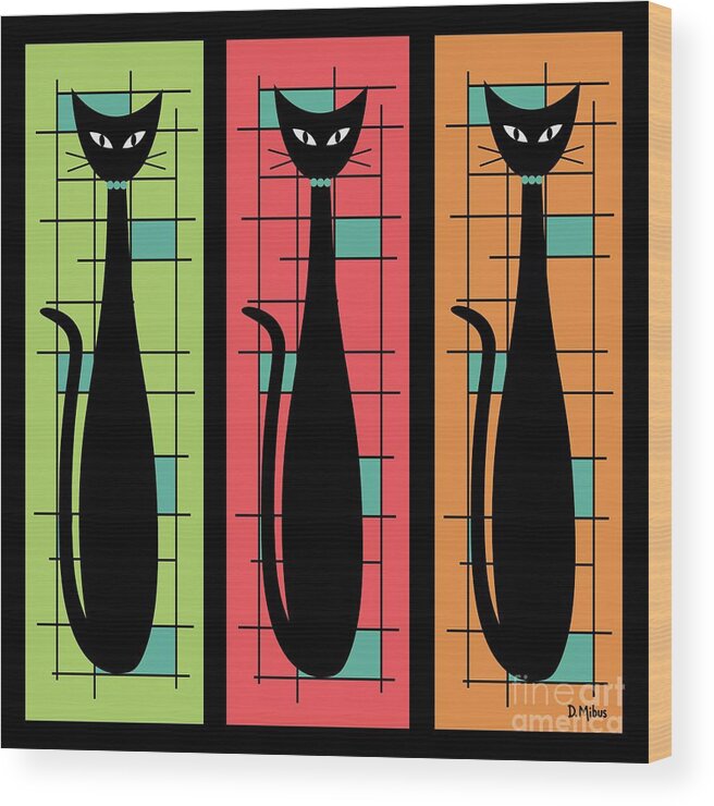 Mid Century Modern Wood Print featuring the digital art Trio of Cats Green, Salmon and Orange on Black by Donna Mibus