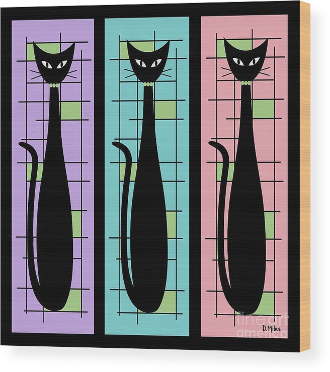 Mid Century Modern Wood Print featuring the digital art Trio of Cats Purple, Blue and Pink on Black by Donna Mibus