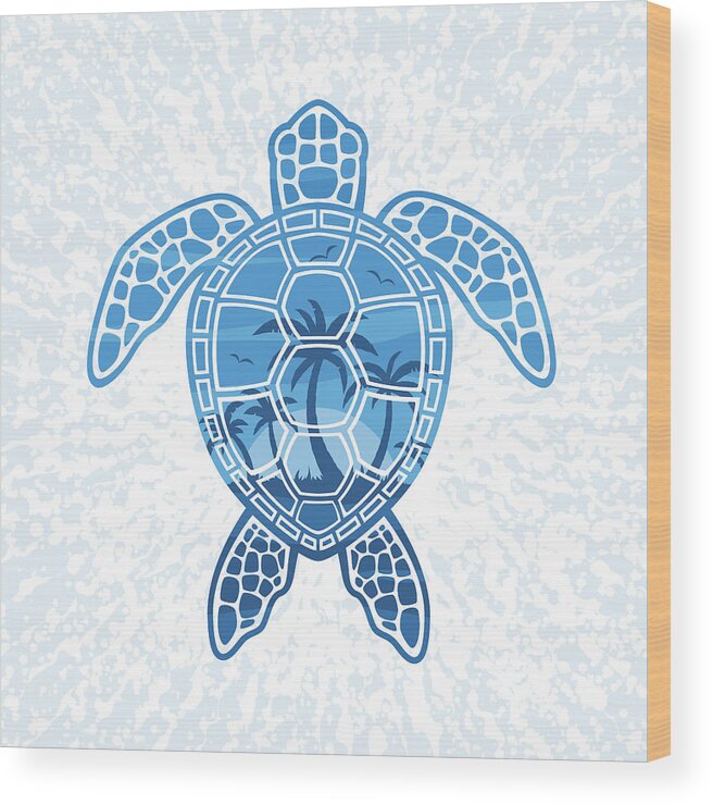 Blue Wood Print featuring the digital art Tropical Island Sea Turtle Design in Blue by John Schwegel