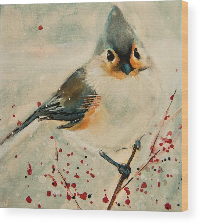 Blue Titmouse Wood Print featuring the painting Tufted Blue Titmouse by Jani Freimann