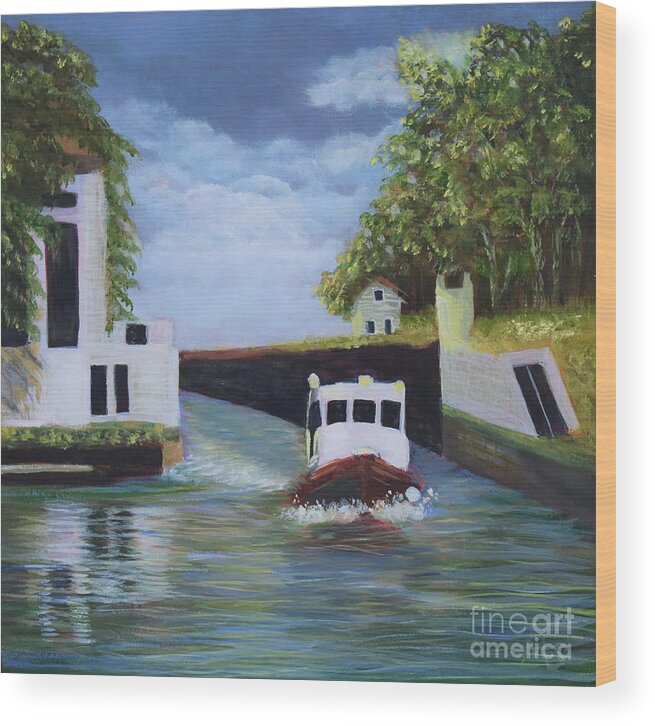 Canal Wood Print featuring the painting Tugboat on the Erie Canal by Monika Shepherdson