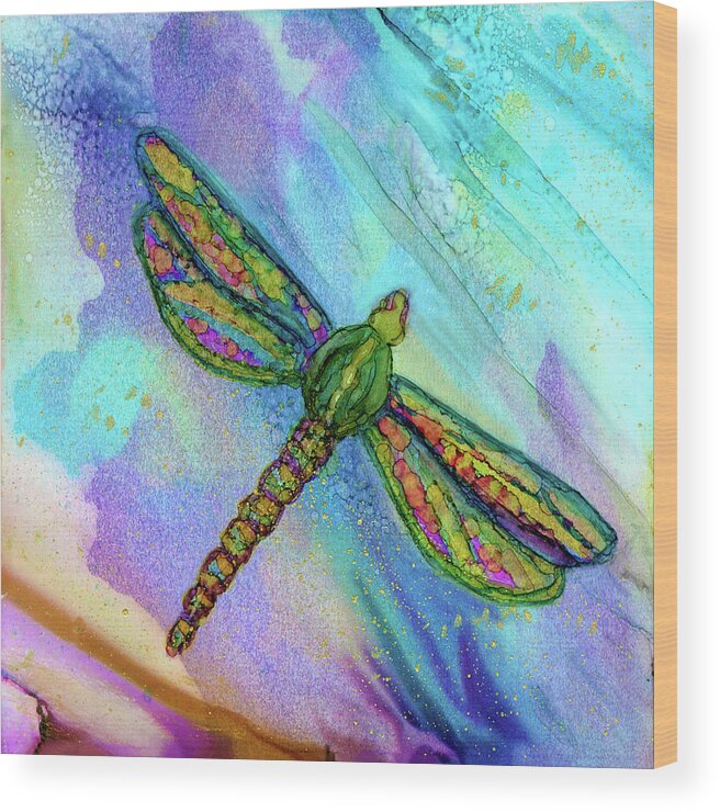 Dragonfly Wood Print featuring the painting Twilight Flight Dragonfly Alcohol Ink by Deborah League