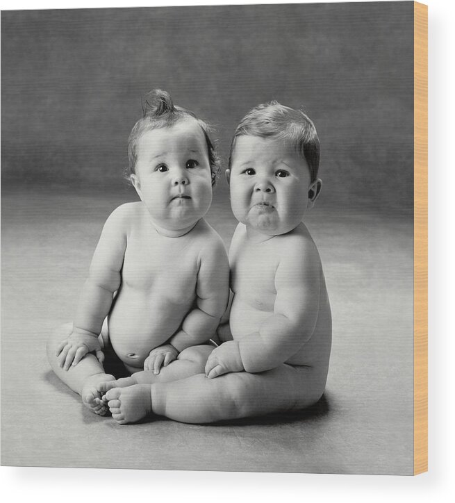 Black And White Wood Print featuring the photograph Twins, Alexandra and Myles by Anne Geddes