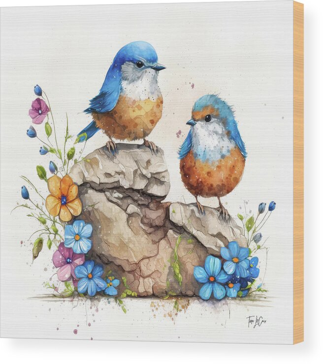Bluebirds Wood Print featuring the painting Two Adorable Bluebirds by Tina LeCour