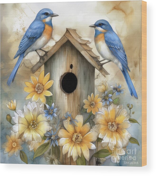 Bluebirds Wood Print featuring the painting Two Lovely Bluebirds by Tina LeCour