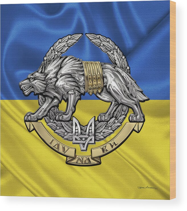 'military Insignia & Heraldry’ Collection By Serge Averbukh Wood Print featuring the digital art Ukrainian Special Operations Forces - SSO Emblem over Ukrainian Colors by Serge Averbukh