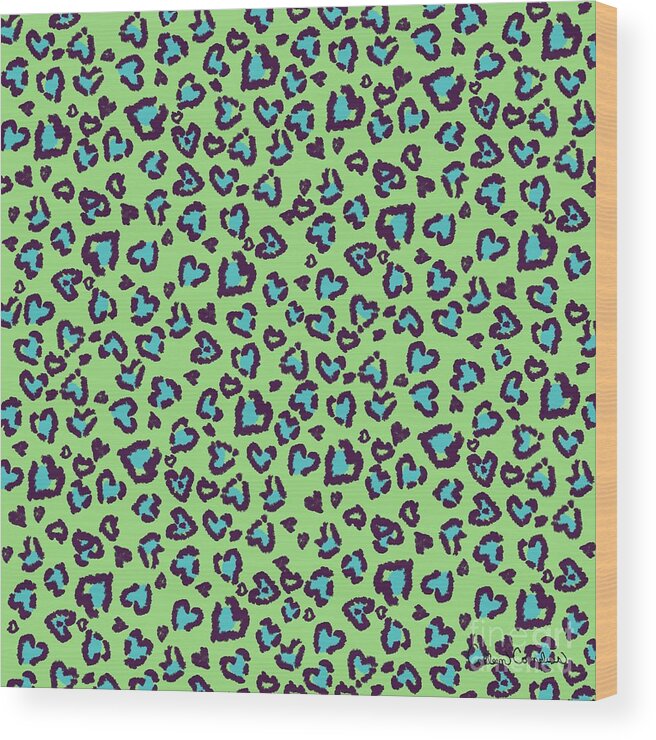 Heart Wood Print featuring the digital art Valentine Leopard Pattern in Blue on Green by Colleen Cornelius