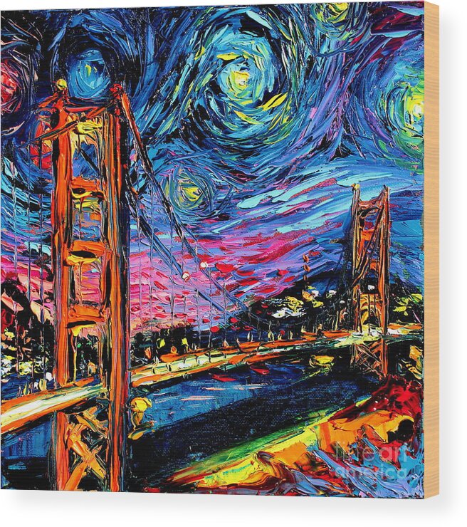 Golden Gate Bridge Wood Print featuring the painting van Gogh Never Saw Golden Gate by Aja Trier