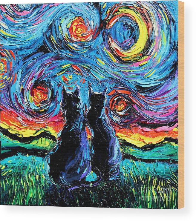 Cat Wood Print featuring the painting Van Gogh's Cats by Aja Trier