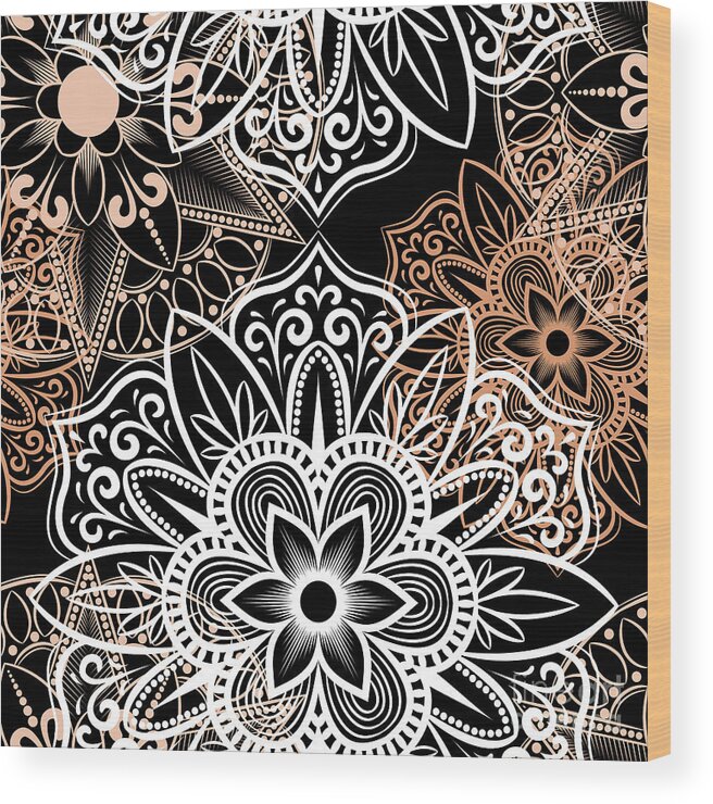 Colorful Wood Print featuring the digital art Verona - Artistic White Cream Mandala Pattern in Black Background by Sambel Pedes