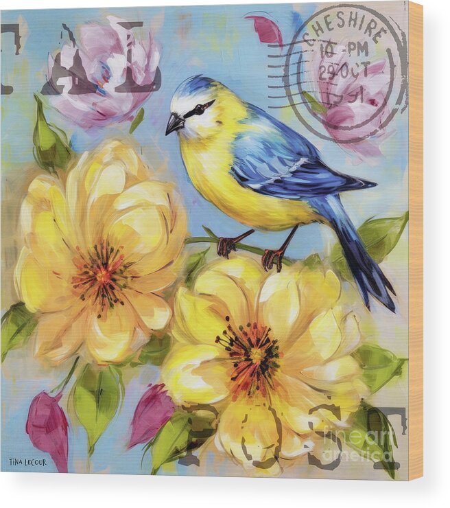 Bluetit Bird Wood Print featuring the painting Vintage Bluetit Bird by Tina LeCour