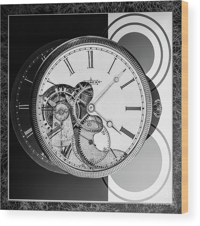 Watch Wood Print featuring the digital art Vintage Elgin Pocket Watch - Black And White by Anthony Ellis