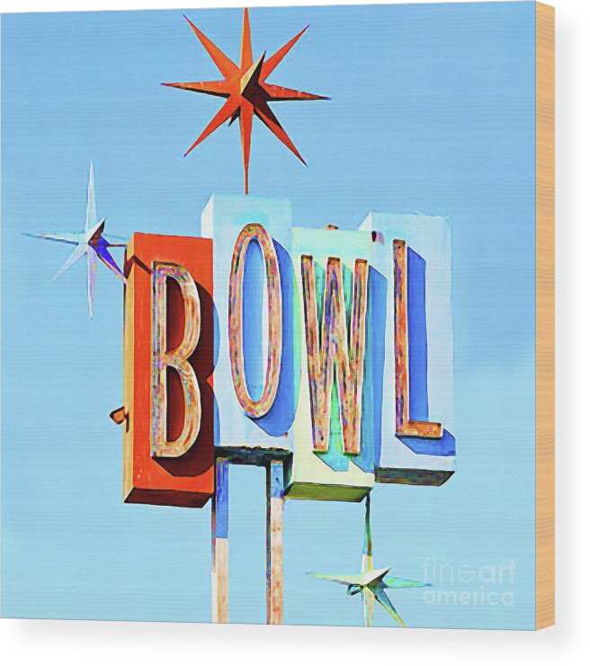 Wingsdomain Wood Print featuring the photograph Vintage Retro Mid Century Modern MCM Bowling Alley Sign 20200205 square by Wingsdomain Art and Photography