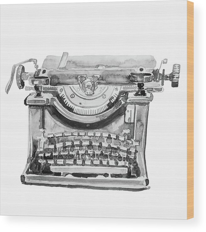 Vintage Wood Print featuring the painting Vintage Typewriter Watercolor I by Ink Well