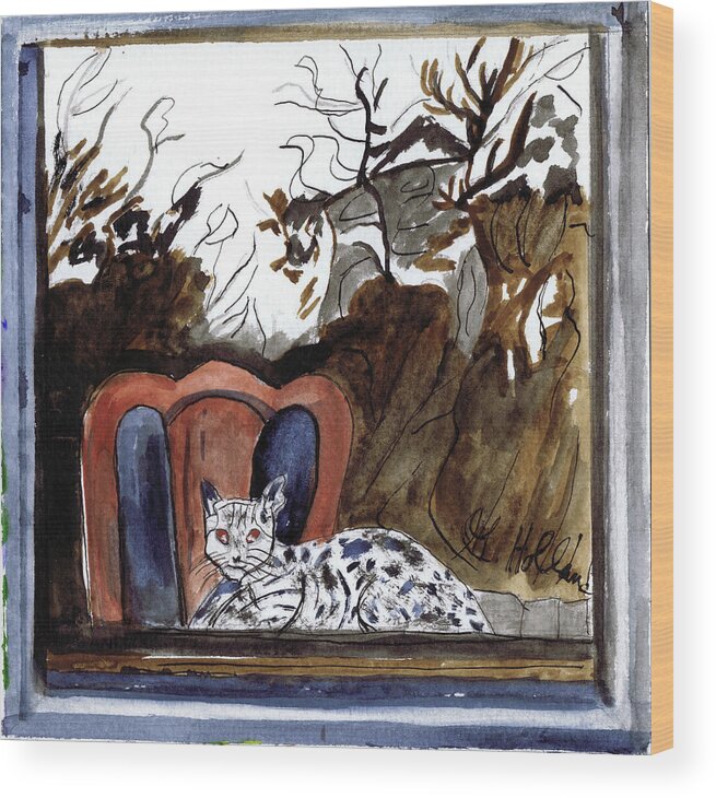 Cat Wood Print featuring the painting Waiting by Genevieve Holland