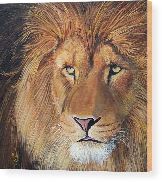 Lion Wood Print featuring the painting Watchful Eyes by Mark Ray