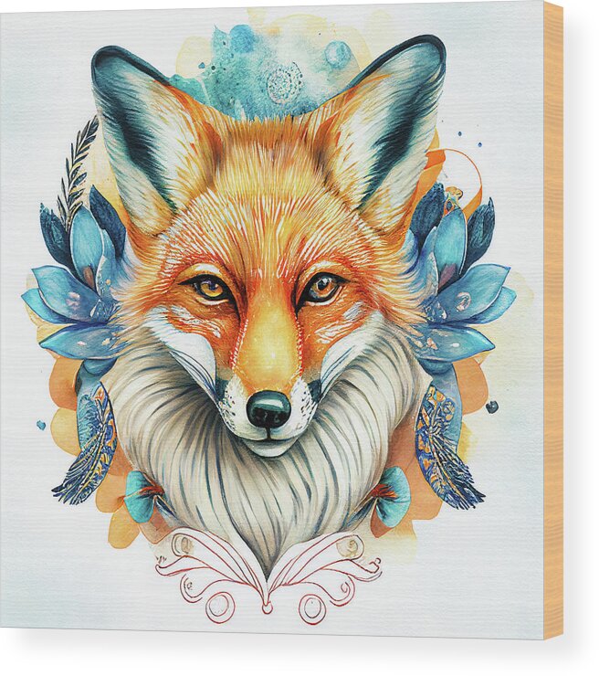 Fox Wood Print featuring the digital art Watercolor Animal 04 Fox Portrait by Matthias Hauser