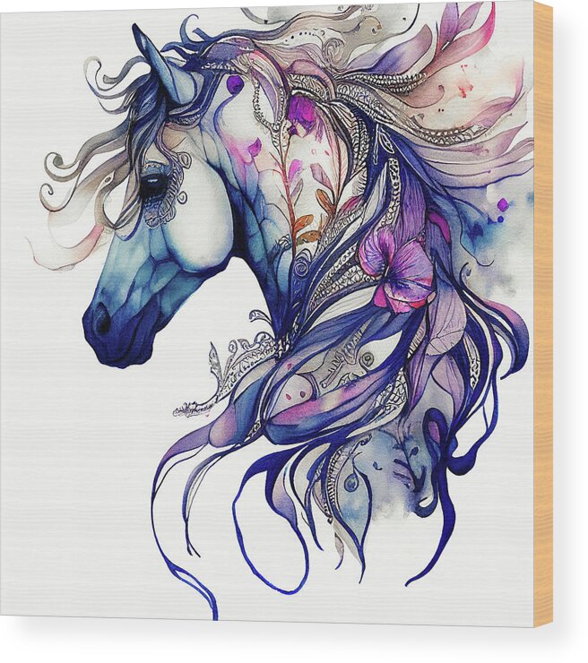 Horse Wood Print featuring the digital art Watercolor Animal 15 Horse Portrait by Matthias Hauser