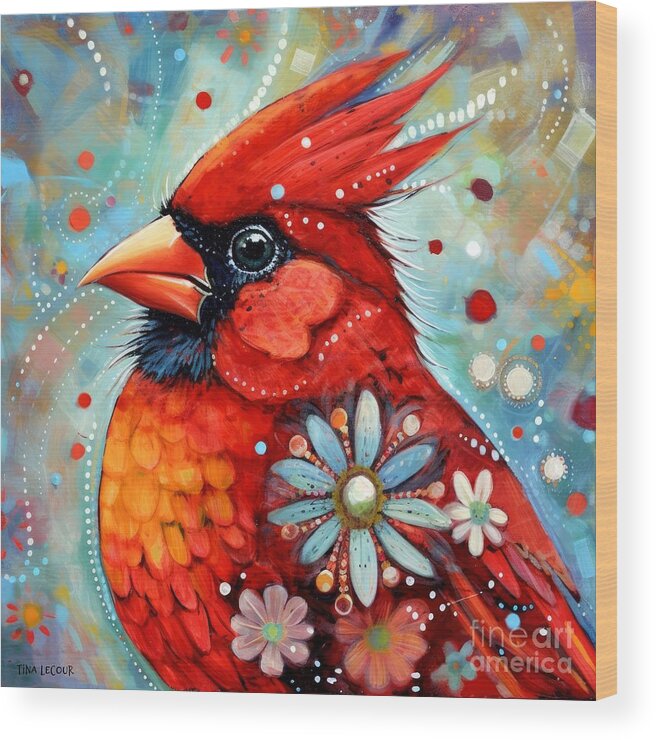 Nothern Cardinal Wood Print featuring the painting Whimsical Spring Cardinal by Tina LeCour