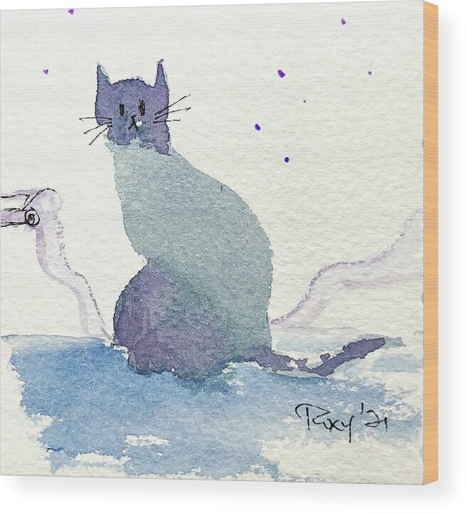 Whimsical Cat Wood Print featuring the painting Whimsy Kitty 20 by Roxy Rich
