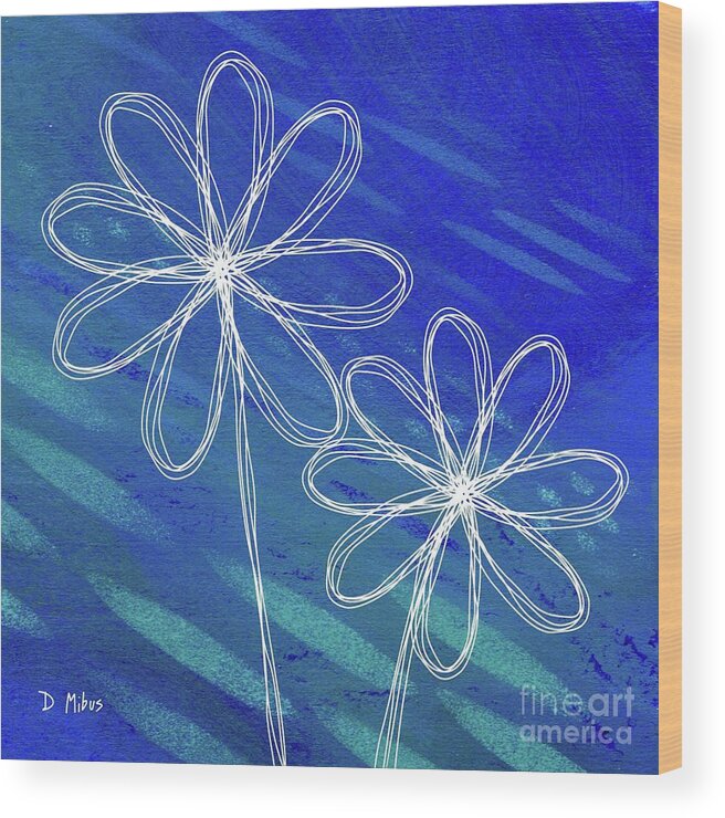 Retro Flowers Wood Print featuring the mixed media White Abstract Flowers on Blue and Green by Donna Mibus