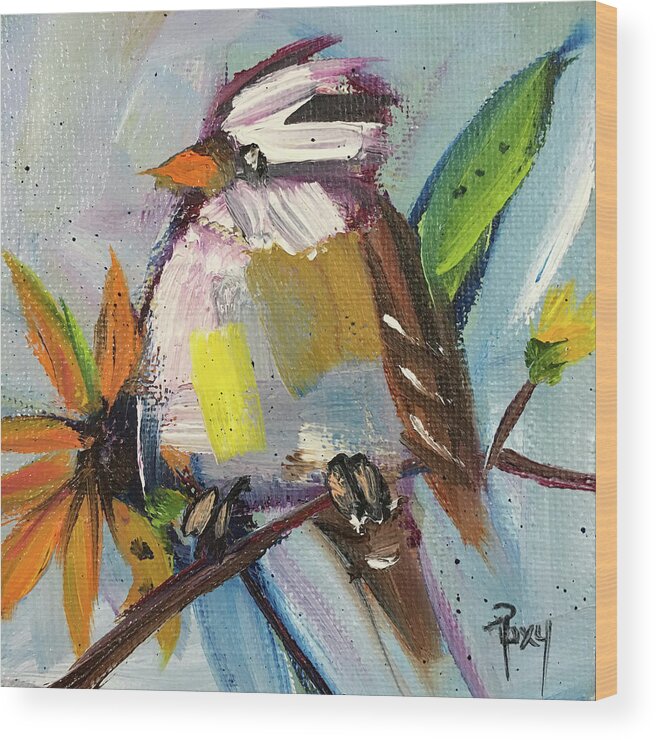 Sparrow Wood Print featuring the painting White Crowned Sparrow on a Sunflower by Roxy Rich