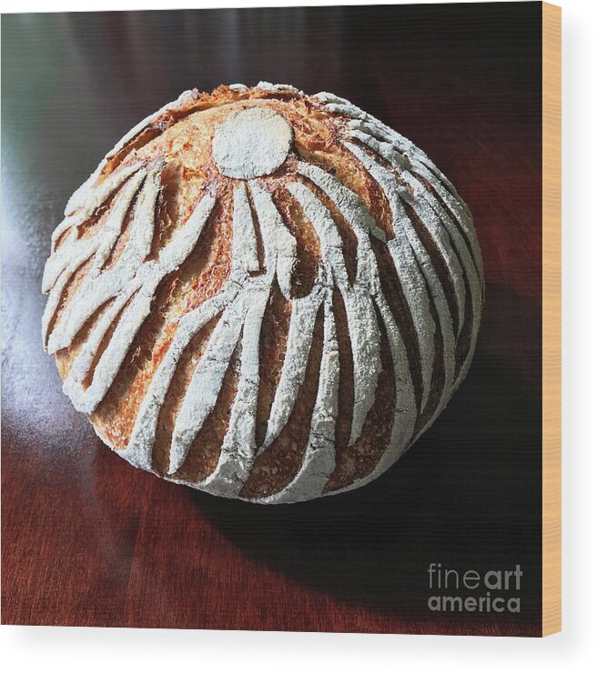 Bread Wood Print featuring the photograph White Flour Dusted Sourdough With 4 Score Designs. 2 by Amy E Fraser