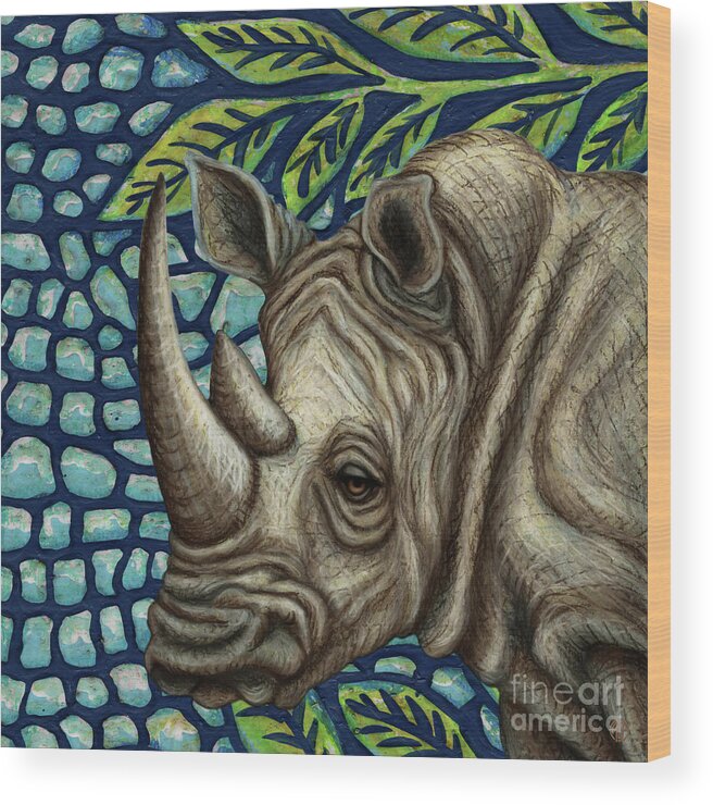 Rhinoceros Wood Print featuring the painting White Rhino In The Jungle by Amy E Fraser