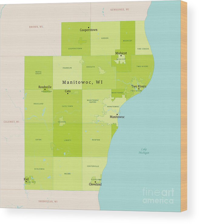  Wood Print featuring the digital art WI Manitowoc County Vector Map Green by Frank Ramspott