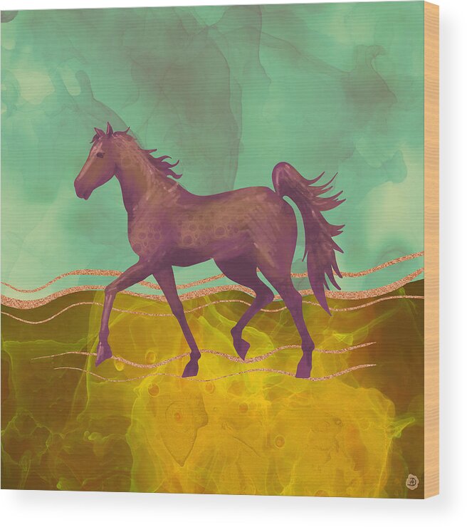Mustang Horse Wood Print featuring the digital art Wild Horse in the Burning Desert - Climate Change Awareness by Andreea Dumez