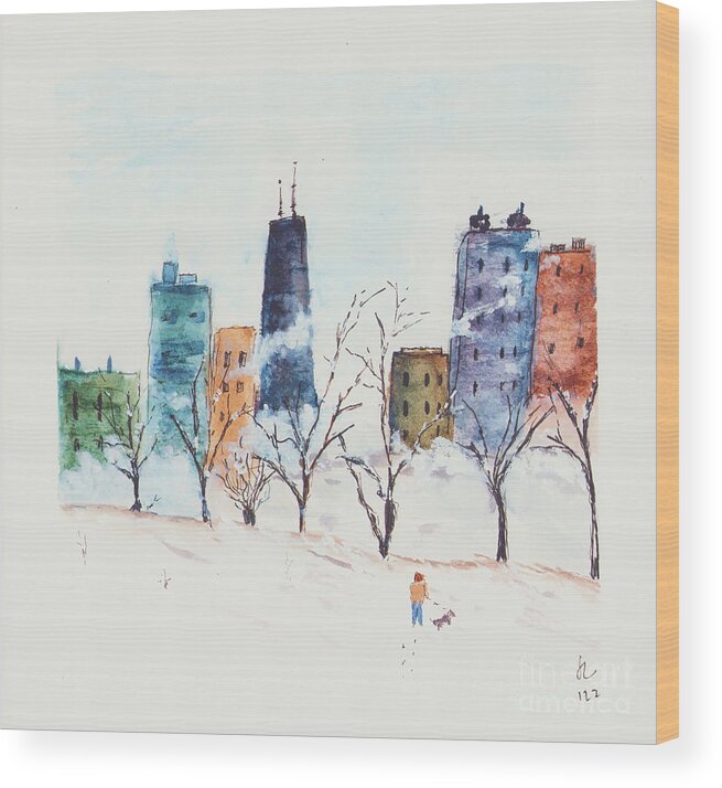 Wintery Wood Print featuring the painting Wintery Chicago by Loretta