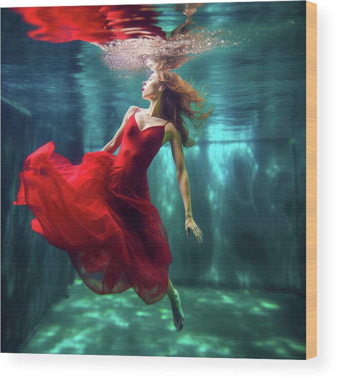 Woman Wood Print featuring the digital art Woman with floating red dress in pool 01 by Matthias Hauser