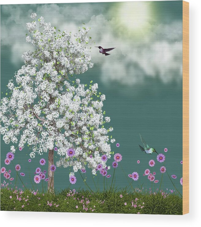 Nature Wood Print featuring the digital art Wonderful Springtime with Hummingbirds by David Dehner