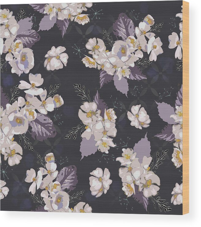 Roses Wood Print featuring the digital art Woodcut Wild Roses Plum Pattern by Sand And Chi