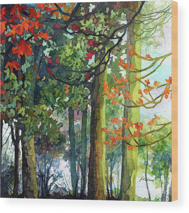 Path Wood Print featuring the painting Woodland Trail - Autumn Leaves by Hailey E Herrera