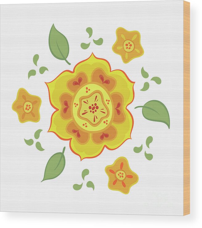 Yellow Flowers Wood Print featuring the digital art Yellow and Orange Flowers and Leaves by LJ Knight