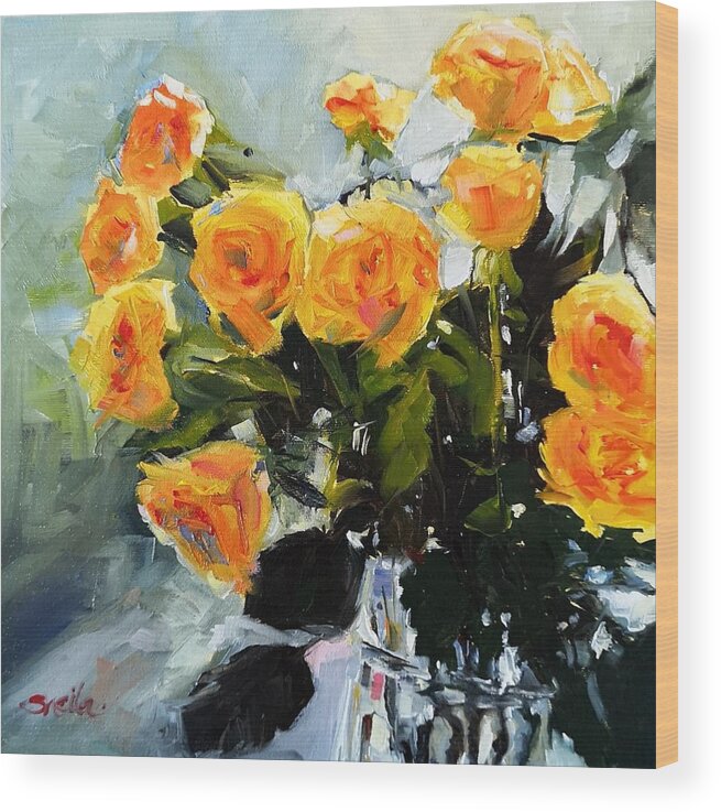 Floral Wood Print featuring the painting Yellow Roses by Sheila Romard