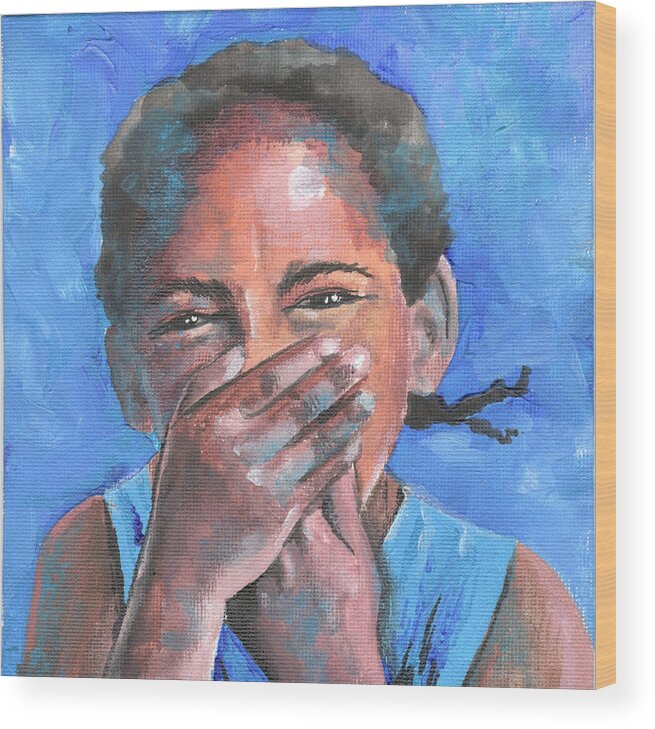Hands Wood Print featuring the painting Young Girl Giggling by Judy Imeson