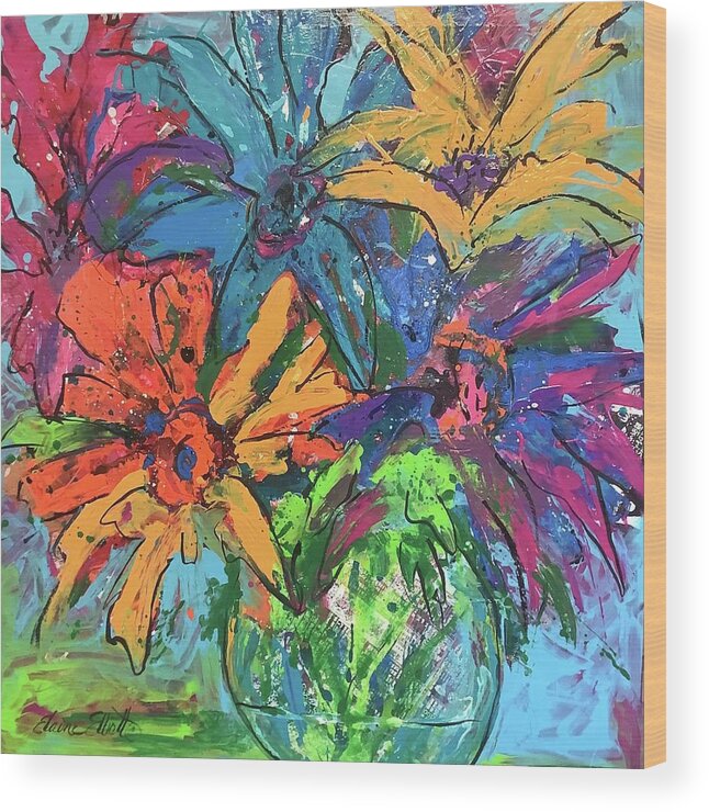 Flowers Wood Print featuring the painting Zany Zinnias by Elaine Elliott