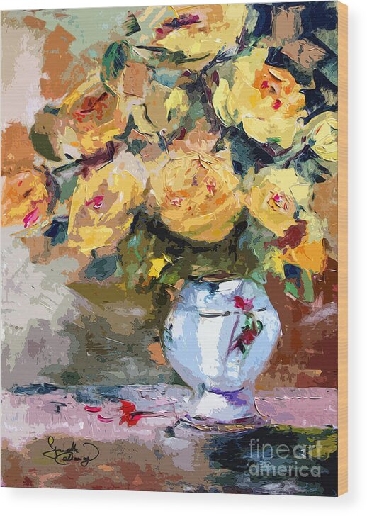 Roses Wood Print featuring the painting Yellow Roses Still Life #1 by Ginette Callaway