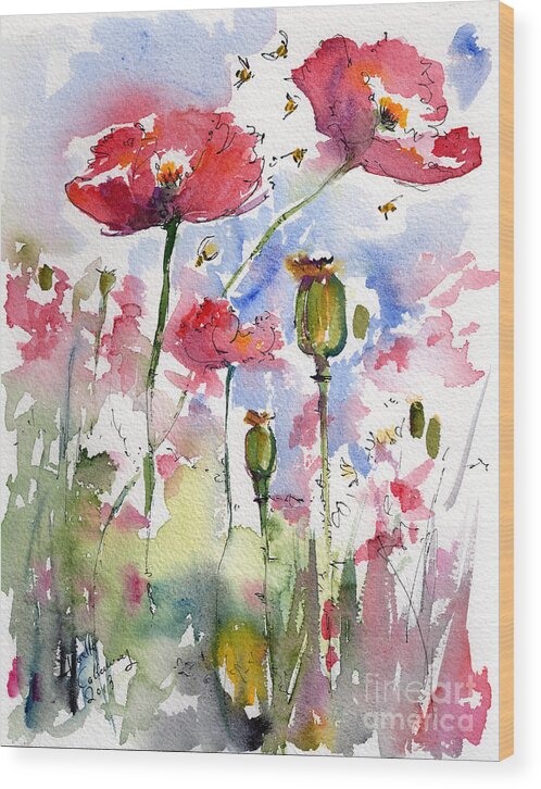 Bees Wood Print featuring the painting Pink Poppies Pods and Bees Watercolor by Ginette by Ginette Callaway
