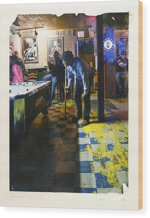 Polaroid-transfer Wood Print featuring the photograph Pool Hall - The Rusty Nail Polaroid Transfer by Jo Ann Tomaselli