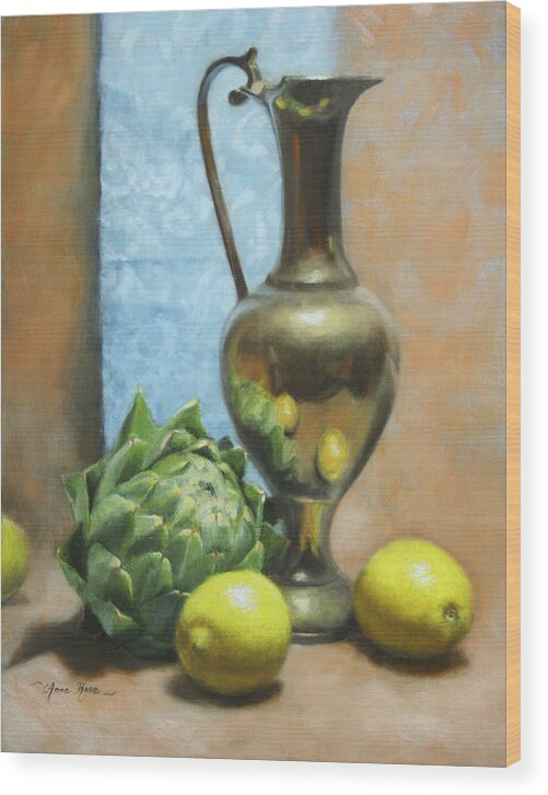 Still Life Wood Print featuring the painting Artichoke and Lemons by Anna Rose Bain