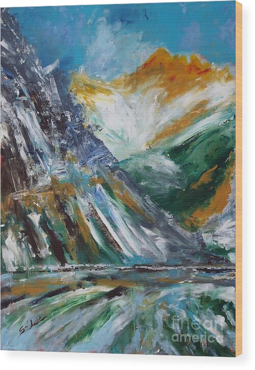 Mountains Wood Print featuring the painting Lake And Alps by Lidija Ivanek - SiLa