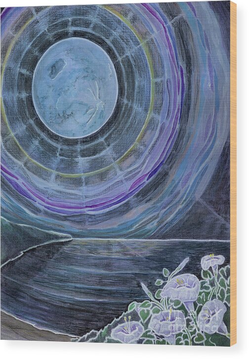 Moon Wood Print featuring the painting Moonflowers on the Supermoon by Amelia Stephenson at Ameliaworks