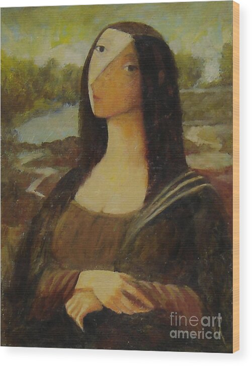 This All-too-familiar Figure Is Meant To Remind Us All That The Greatest Treasures Might Be Easily Within Our Reach... If We Simply Remain Open And Optimistic. Wood Print featuring the painting The Mona Lisa Next Door by Glenn Quist