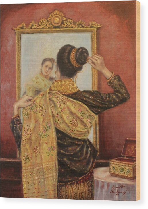 Lao Lady Wood Print featuring the painting Elegance and Grace by Sompaseuth Chounlamany