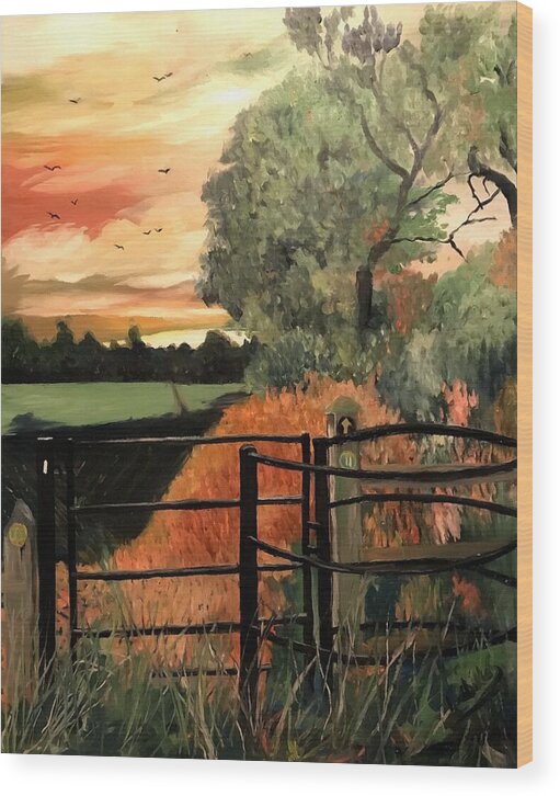 Kissing Gate Wood Print featuring the painting Kissing Gate in Autumns Glow by Abbie Shores