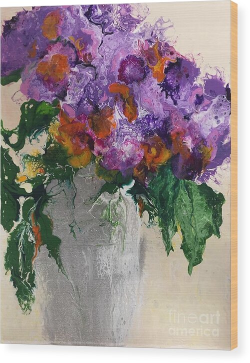 Floral Wood Print featuring the painting Lilacs in Silver Vase by Celeste Drewien